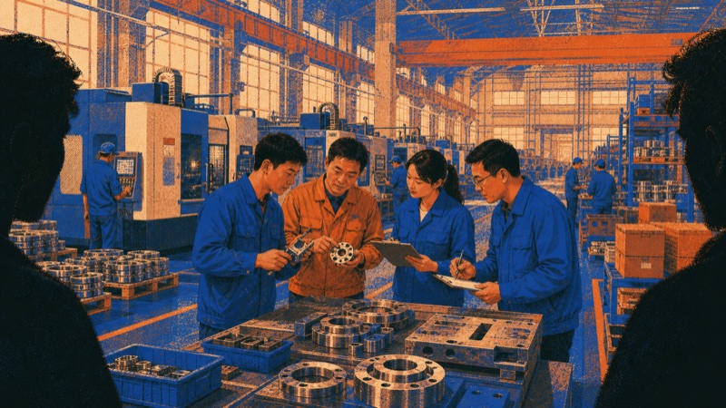 Chinese factory engineers inspecting precision-machined components on a production floor.